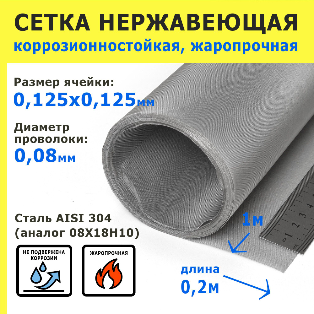 Сетка нержавеющая фильтровальная 0,125х0,125х0,08 мм. Сталь AISI 304 (08Х18Н10). Размер 1,0х0,2 метр. #1