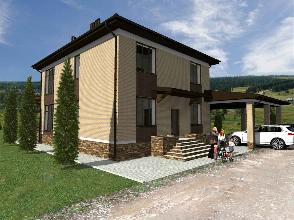 Проект двухэтажного дома ( площадь 253.6 кв.м ) с гаражом из газобетонного блока с облицовкой из фасадных #1
