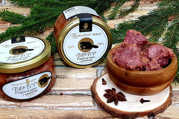 Томленое мясо Бобра, в сырном соусе, с грибами, 220 г