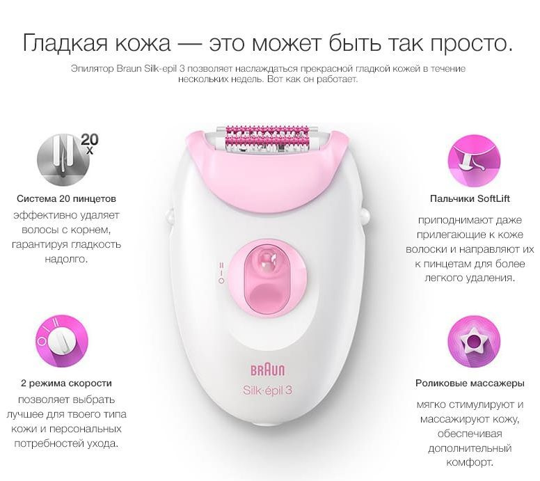 Эпилятор Braun Silk-epil 3 SE3277, 2 скорости, подсветка Smartlight, цвет розовый