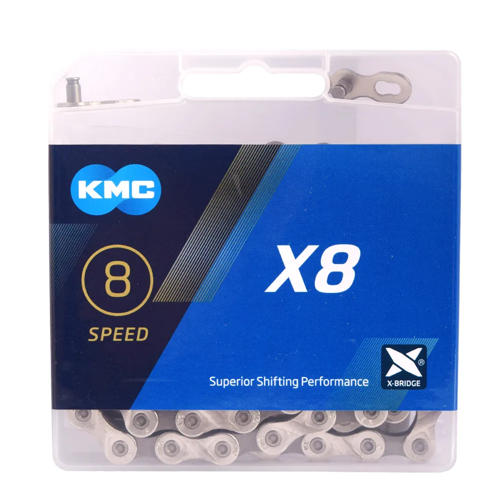 KMC X8 116L Серебряная велосипедная цепь с замком, в коробке, 116 л