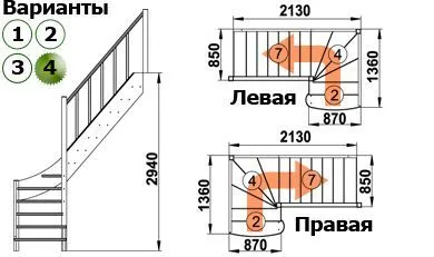 Деревянная лестница на второй этаж из массива сосны ЛС-07м/4 "Левая" с подступенниками, 7 м, фото 2
