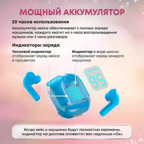 Наушники беспроводные с микрофоном, Bluetooth, USB Type-C, голубой, белый