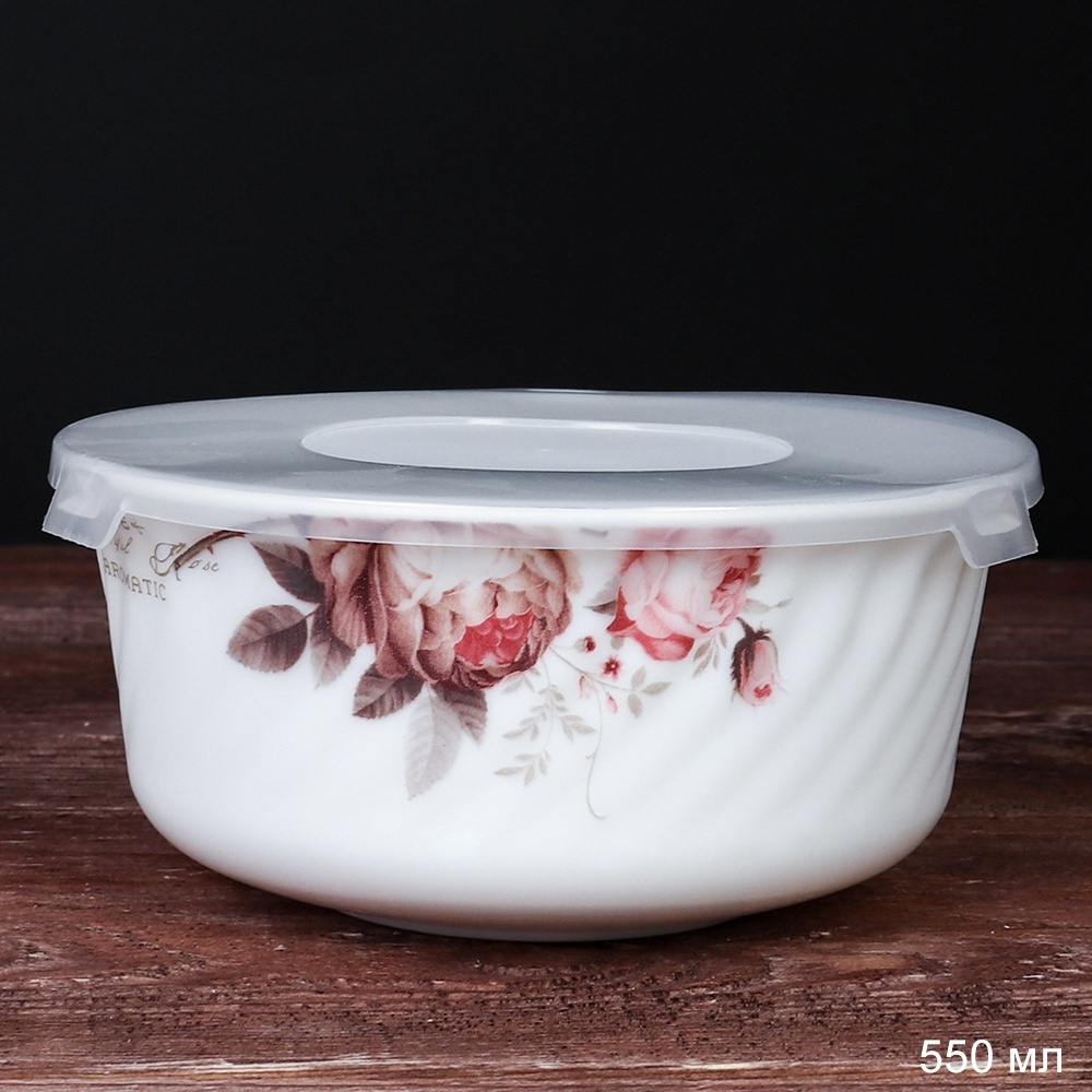 Салатник WHITE LILY с крышкой Чайная роза , 550 мл, розовый, стеклокерамика