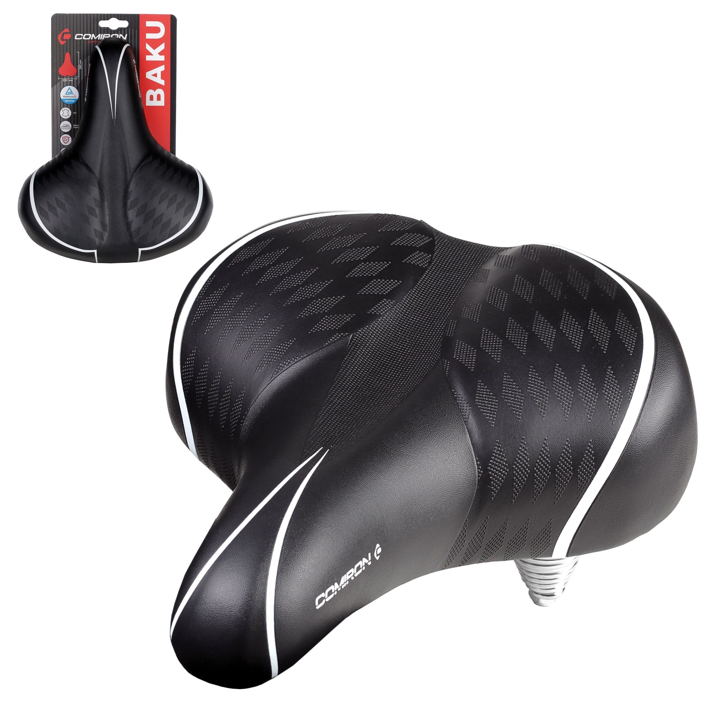 Седло велосипедное комфортное COMIRON BAKU N672DBW / N671DBW 260x220, технологии: DW, ED, полиуретан, черный с белым Седло велосипедное комфортное COMIRON BAKU N672DBW / N671DBW 260x220, технологии: DW, ED, полиуретан, черный с белым