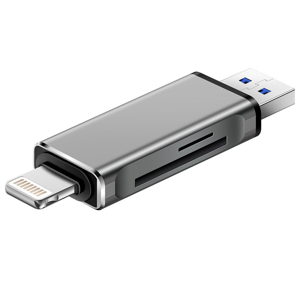 Картридер Универсальный для SD + MicroSD / TF карт, два входа, Lightning +  USB, два выхода для телефона и компьютера, CARD READER WG-520,  серый-металлик - купить с доставкой по выгодным ценам в