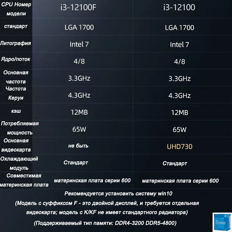 Процессор Core i3 12-го поколения, BOX (без кулера), 4 яд., 3.3 ГГц ...