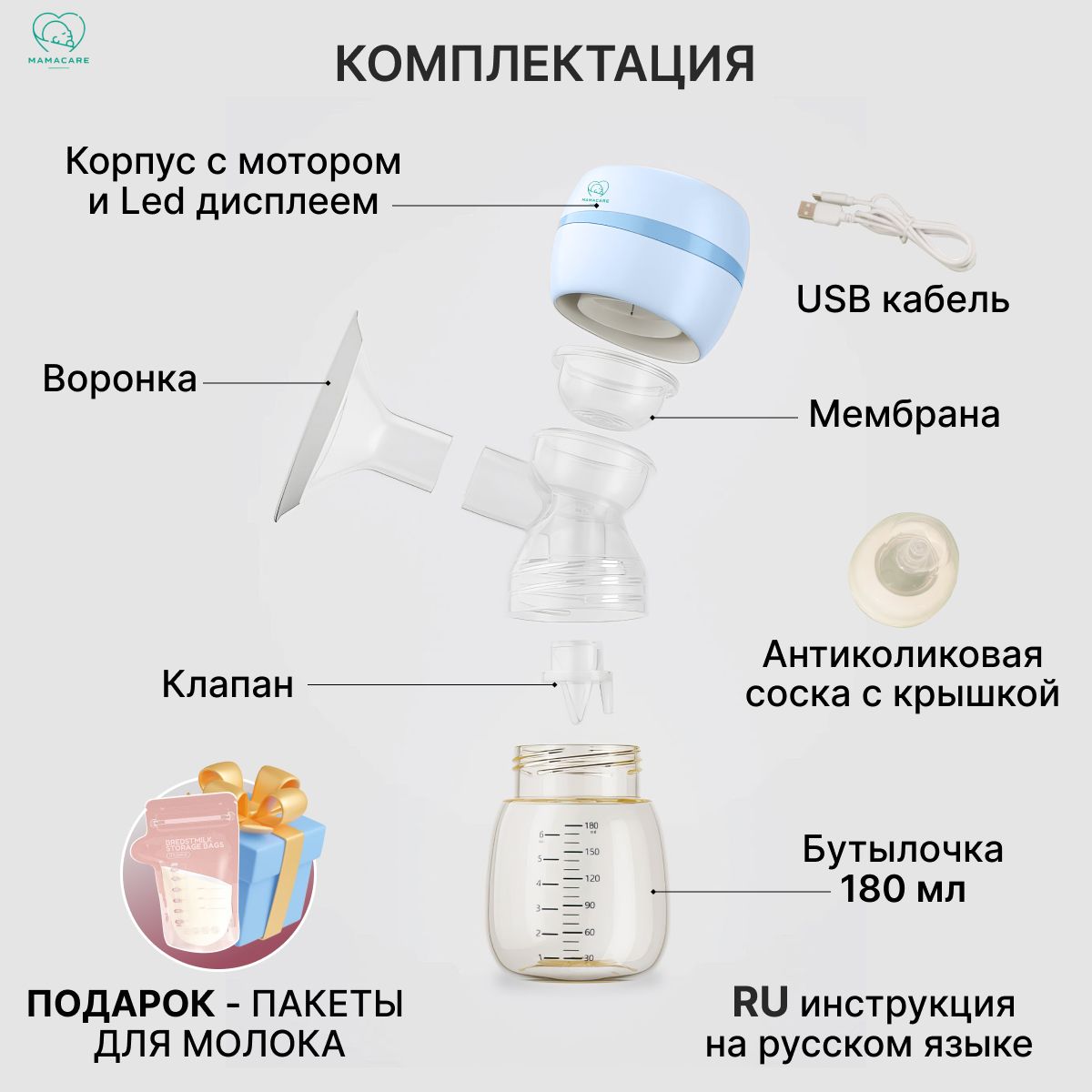 Молокоотсос электрический беспроводной MamaCare, 2 режима сцеживания, 9  уровней интенсивности-MC-BP-05401 - купить с доставкой по выгодным ценам в  интернет-магазине OZON (1282833928)