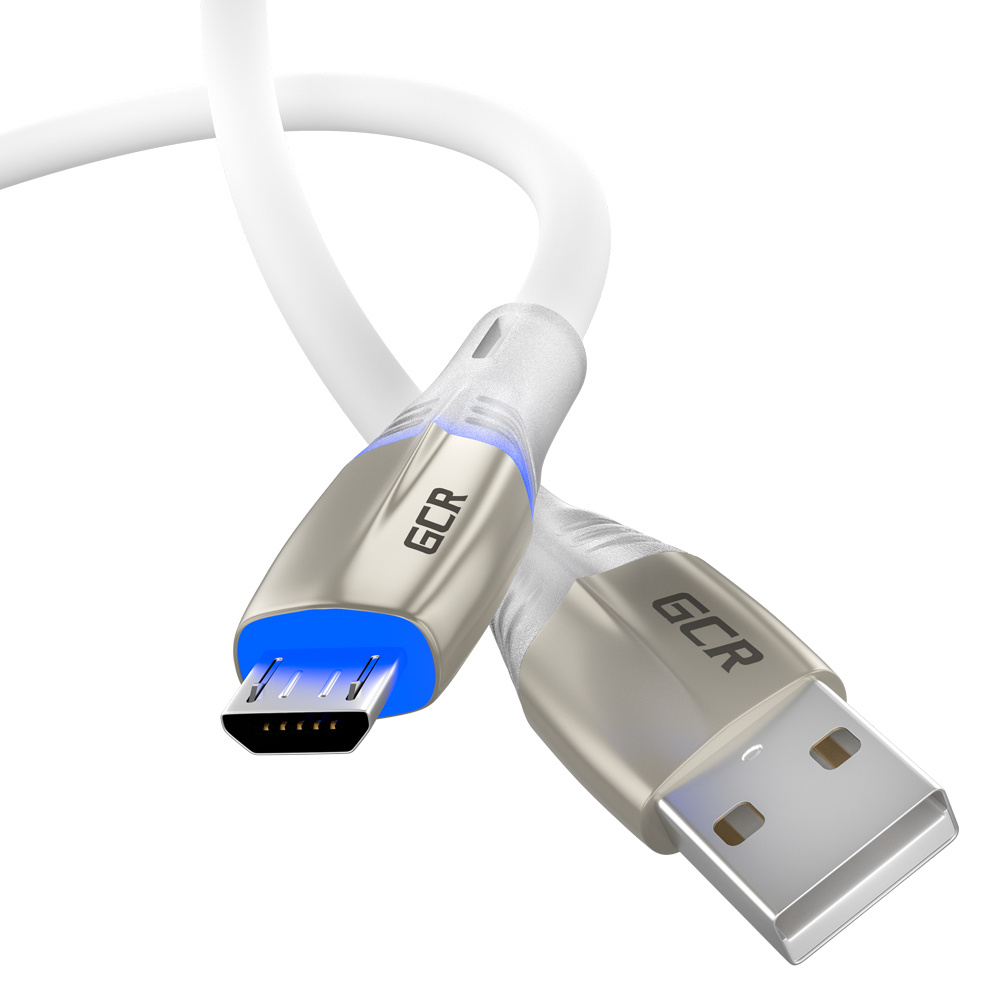 Светящийся провод USB Micro 1 метр GCR LED быстрая зарядка Quick Charge 3.0  для телефона 5А белый