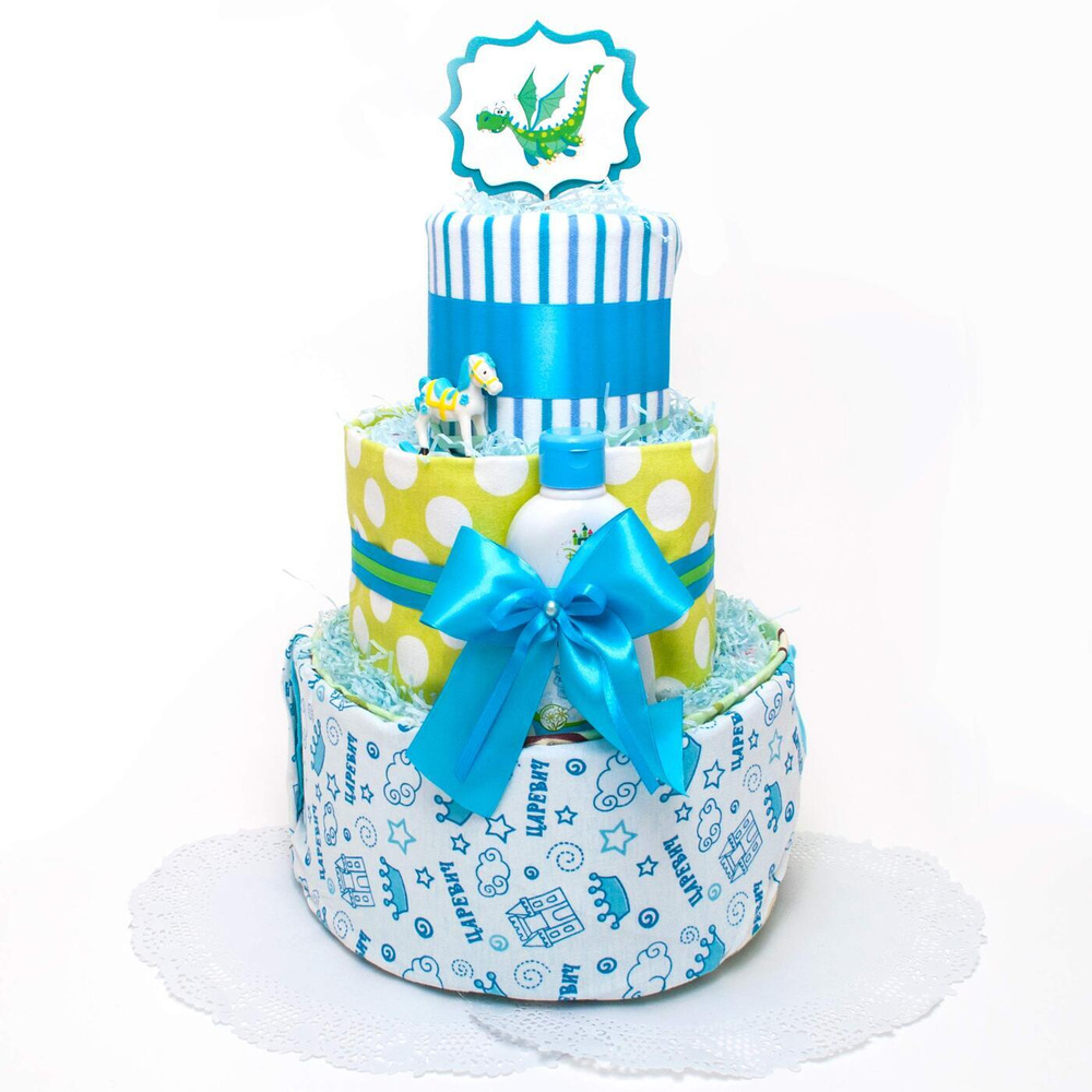 Торт из памперсов «С рождением малыша!» в голубых тонах