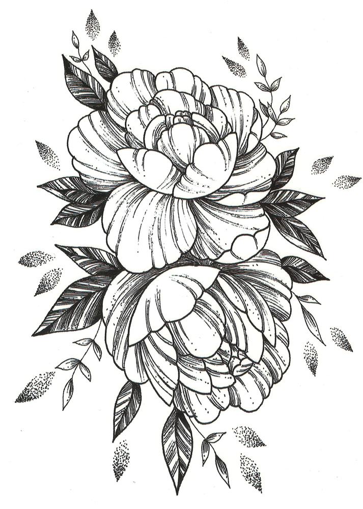 Временная переводная татуировка "Пионы, цветы 5" 24х15 см. #1