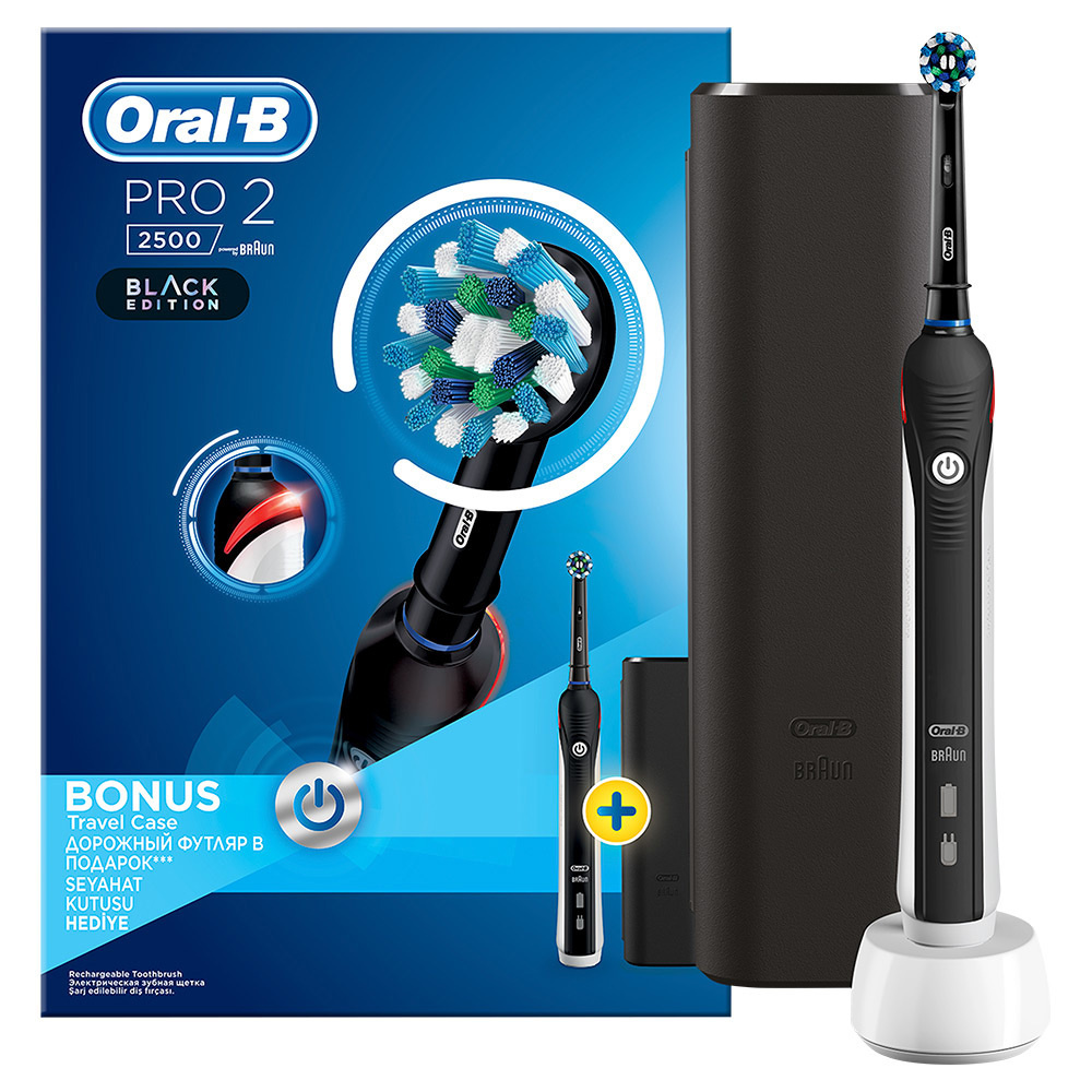 Электрическая зубная щетка Oral-B PRO2 2500 Cross Action Black Edition + дорожный футляр  #1