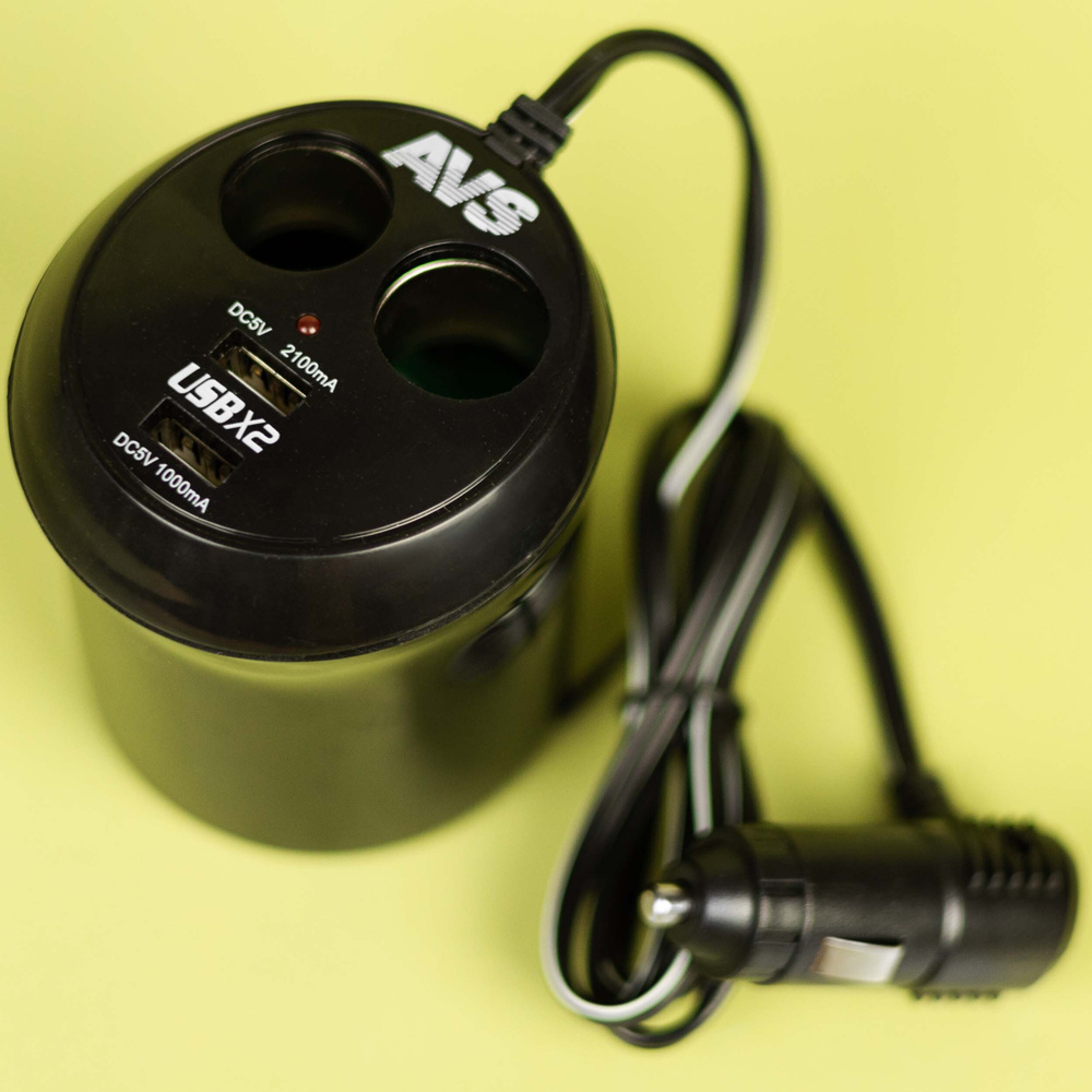 Разветвитель прикуривателя автомобиля AVS 12/24V, 60 Вт, 2 выхода + USB ...