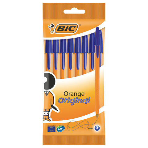 Ручки шариковые BIC "Orange Fine", НАБОР 8 шт., СИНИЕ, линия письма 0,32 мм, пакет  #1