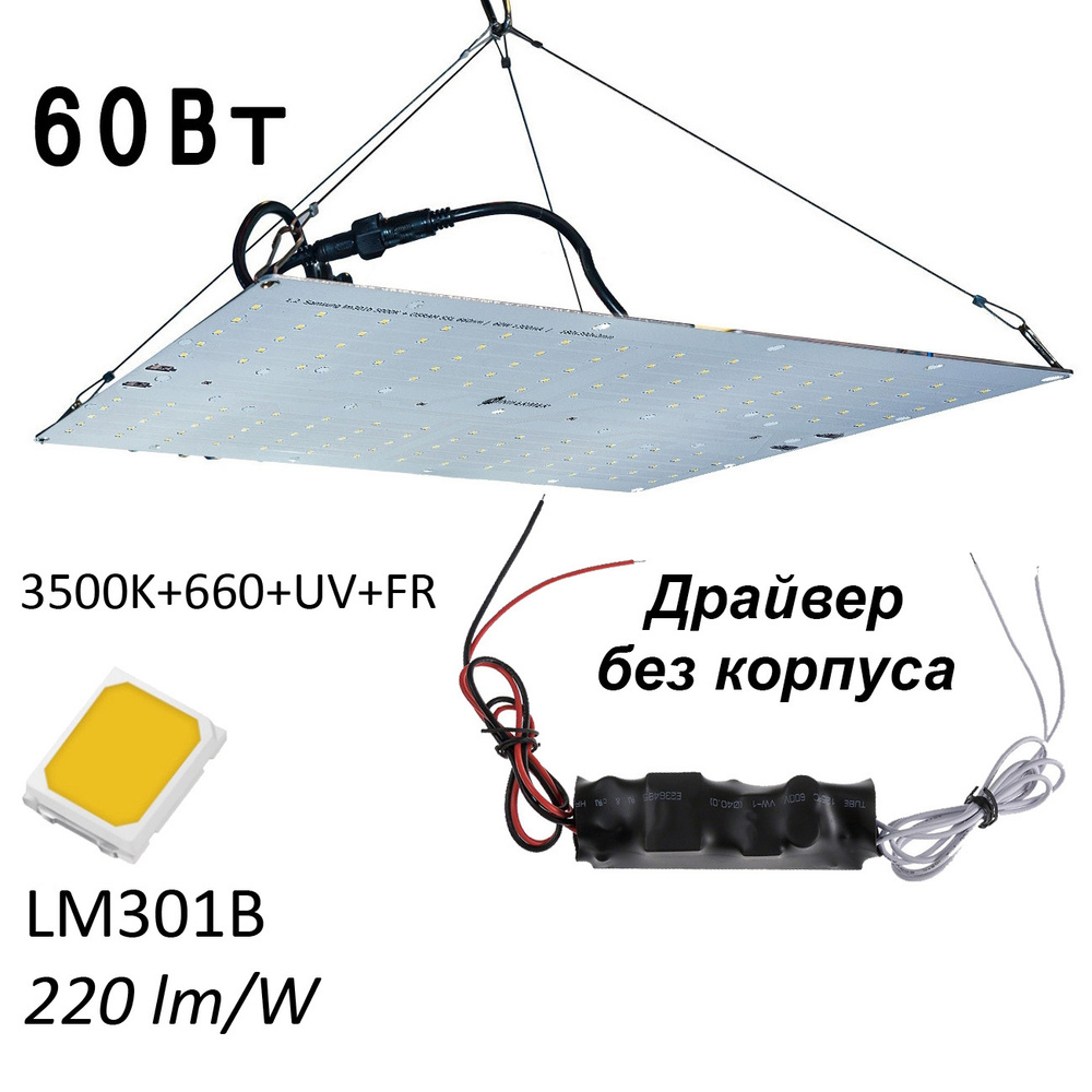 Квантум борд 1.3 Ultra Quantum board Samsung lm301b 3500K + Osram Oslon  3.24 660nm + UV LG380 + FR740, 60 Вт 18х39см эконом драйвер / фито  светильник ...