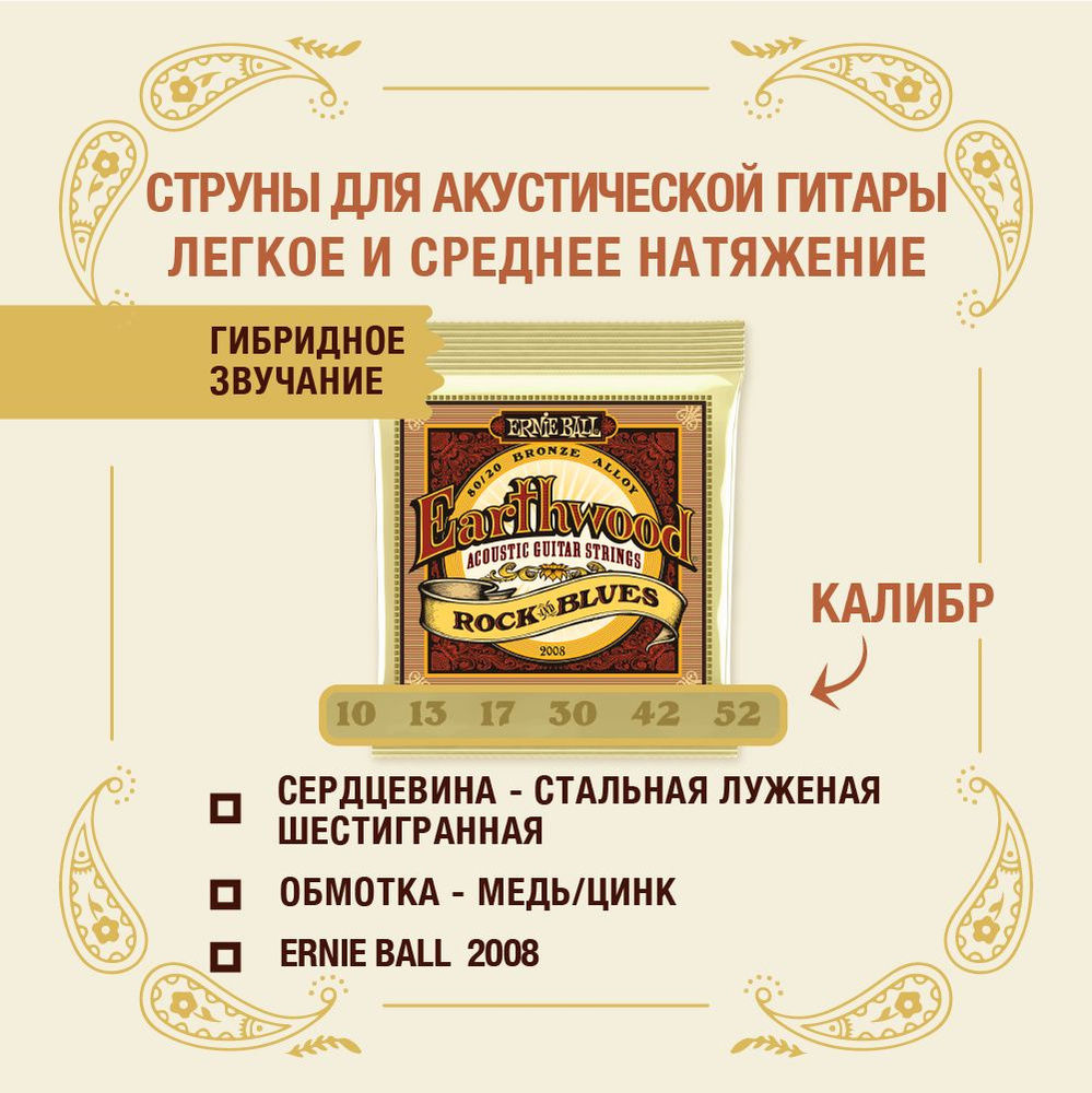 ERNIE BALL 2008 Earthwood 80/20 Bronze Rock&Blues 10-52 Струны для  акустической гитары - купить с доставкой по выгодным ценам в  интернет-магазине OZON (196516644)