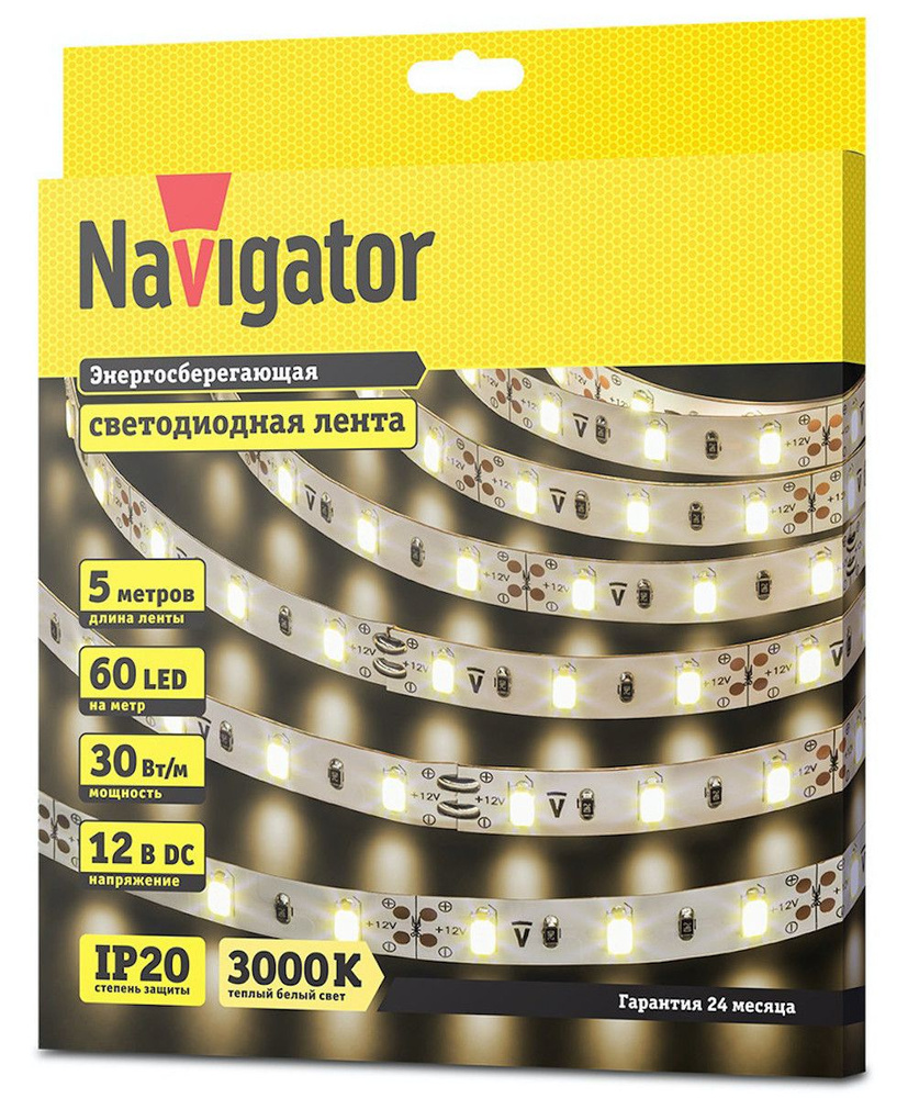 Светодиодная лента Navigator, 12В, IP20, 60 LED/m 60 LED/м, 12 В, 30 Вт,  IP20, готовая, 5 м / Шаг резки 5 см, ширина 10 мм / Подсветка повышенной  мощности для интерьера декора