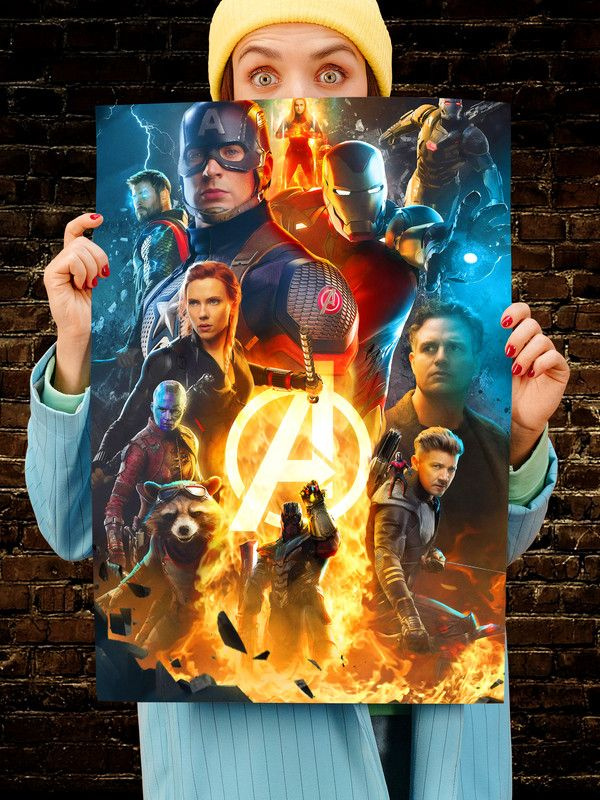Постер интерьерный Мстители 5, 70х46 см. Матовый яркий. The Avengers Все вместе Железный человек Тони #1
