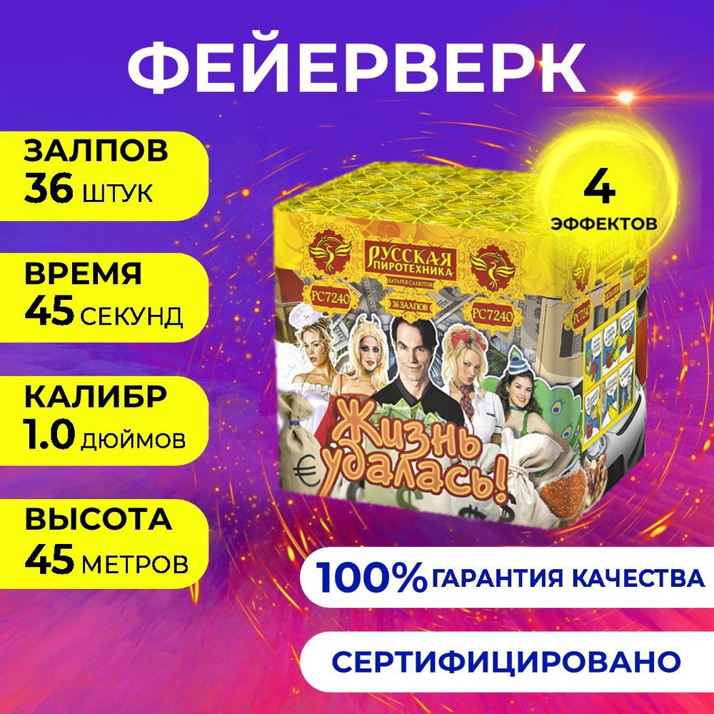 Фейерверк салют "Жизнь удалась" - 36 залпов, калибр 1.0", до 45 метров, 45 секунд, 4 эффекта, Русская #1