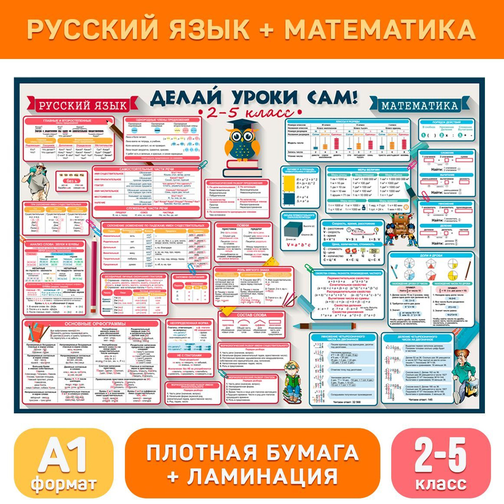 Обучающий плакат русский язык и математика (2-5 класс) базовый для  начальной школы, формат А1 с ламинацией ДЕЛАЙ УРОКИ САМ - купить с  доставкой по выгодным ценам в интернет-магазине OZON (597930116)