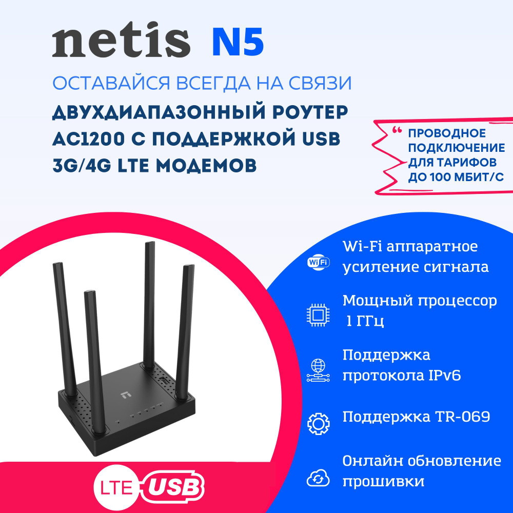 Роутер Netis N5, черный, 2.4 ГГц, 5 ГГц купить по низкой цене с доставкой в  интернет-магазине OZON (1040098935)