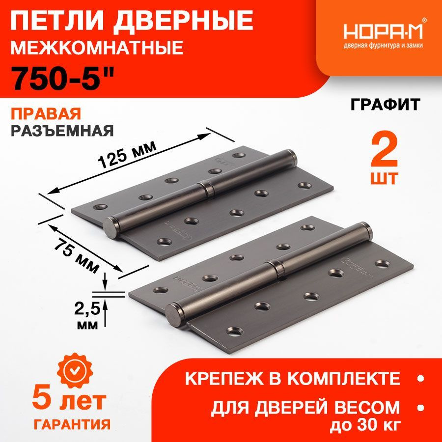 Петли дверные 2 шт. НОРА-М 750-5" (125*75*2,5) без колп. - Графит - Правая  #1