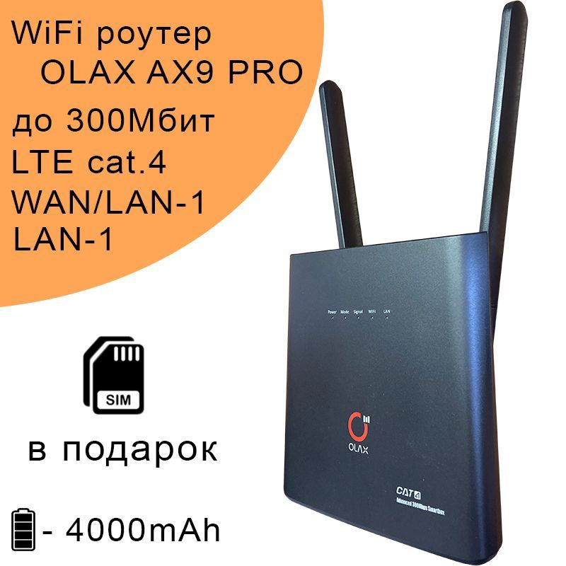 Роутер OLAX AX9 PRO со встроенным 3G/4G модемом и аккумулятором, черный ...