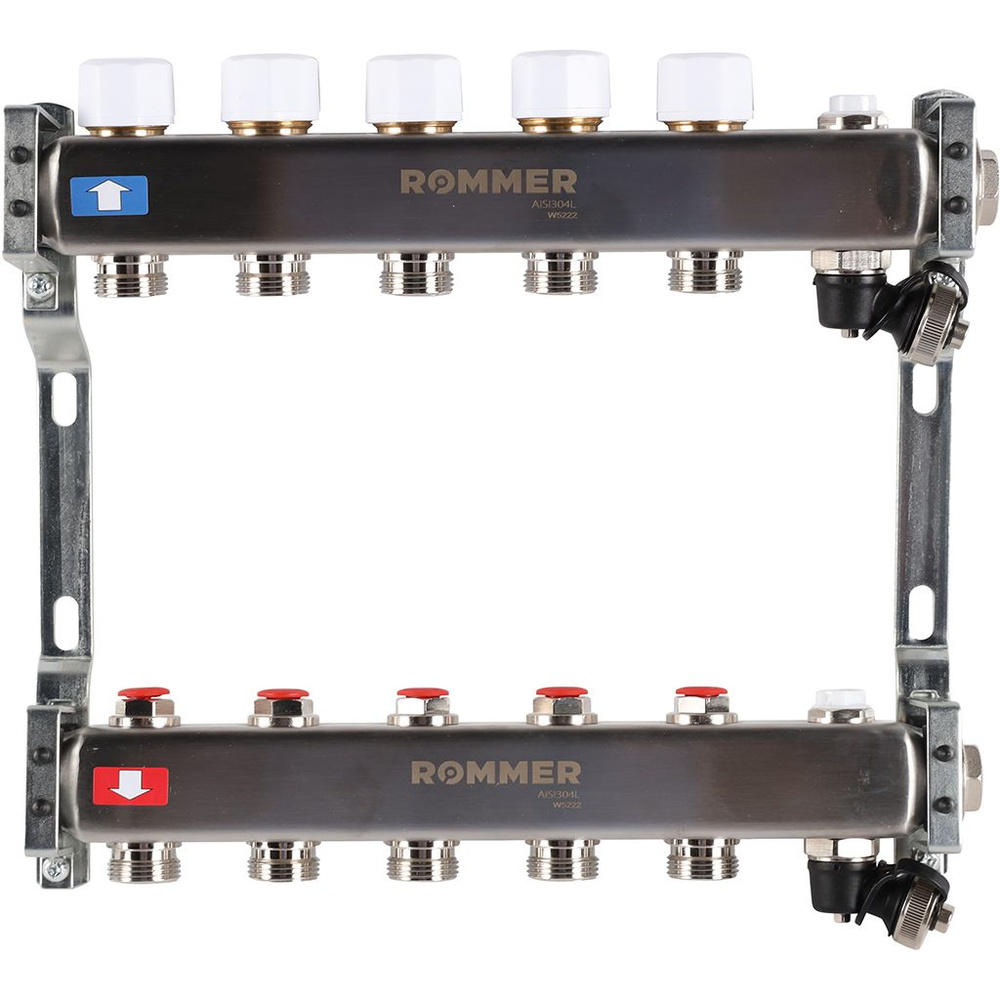 Коллектор для теплого пола ROMMER RMS-3201-000005 из нержавеющей стали без расходомеров, с клапаном вып. #1