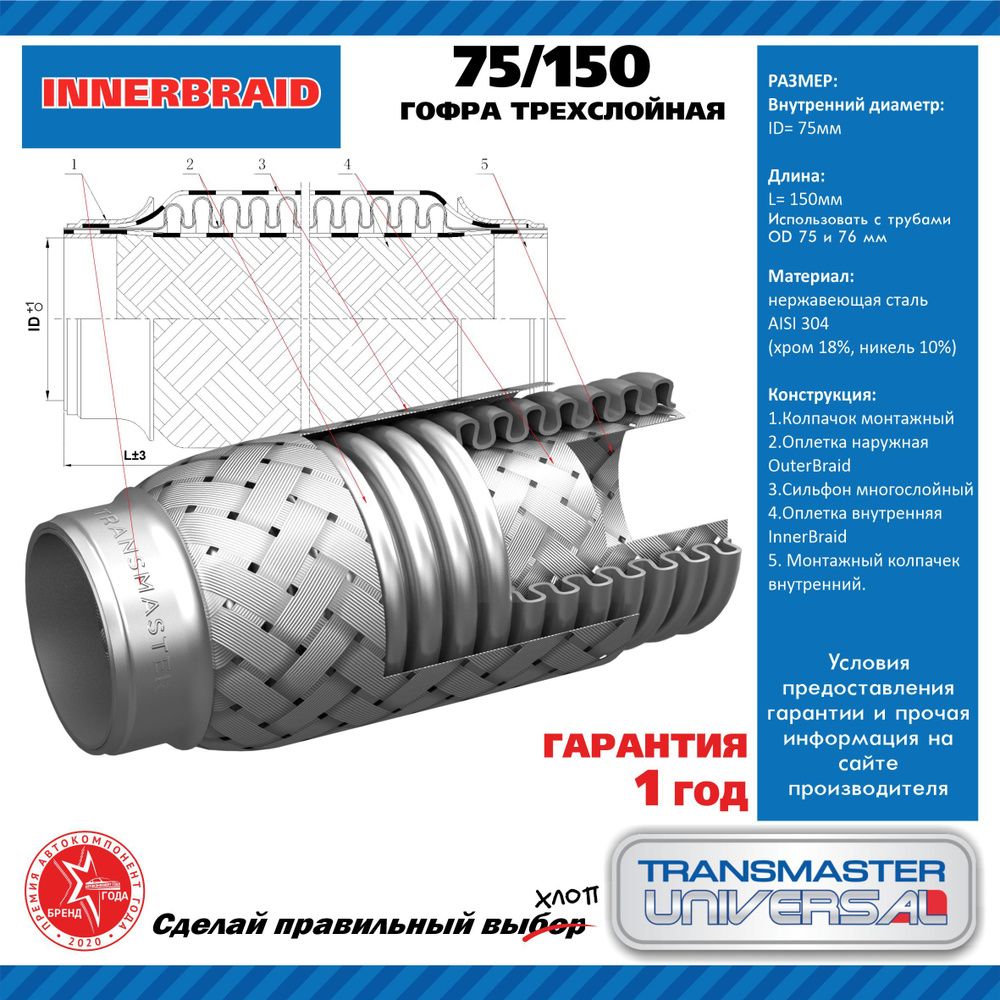 Гофра выхлопной трубы 75/150 трехслойная (Transmaster Universal)