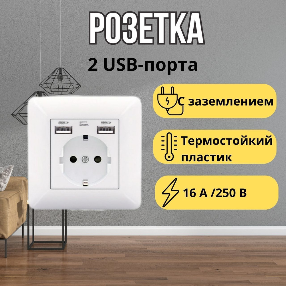 Встраиваемая розетка с двумя USB портами белая, одинарная с заземлением, 1шт