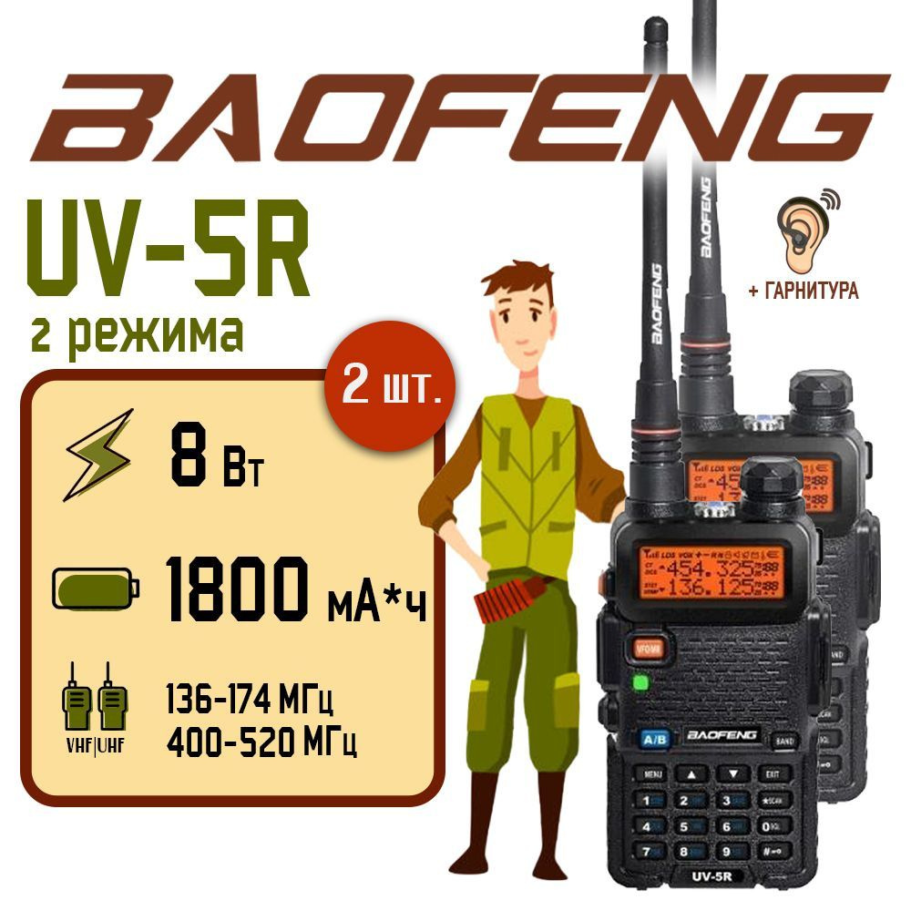 Радиостанция Baofeng UV-5R (8W) 2 уровня, Черный 2шт, 128 каналов - купить  по доступным ценам в интернет-магазине OZON (523449425)