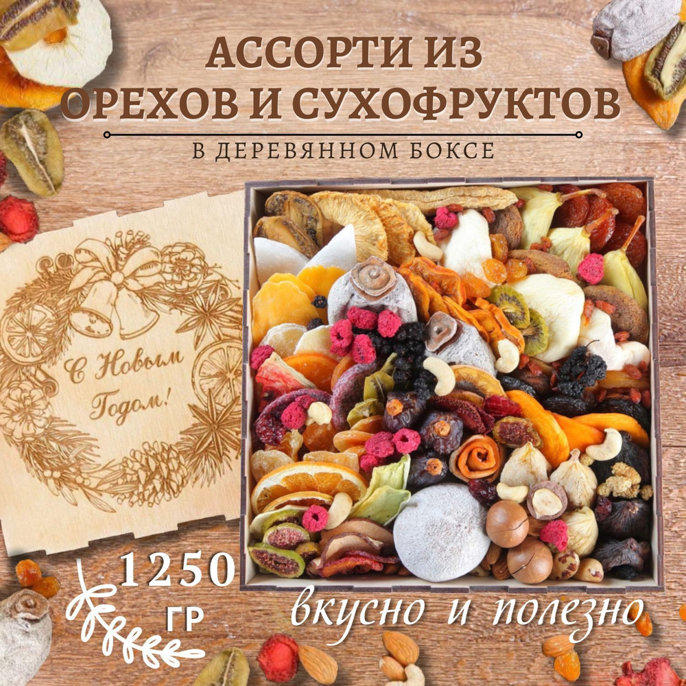 Подарочный набор "Big meal box" ассорти сухофруктов, ягод, сладостей, орехов 1250 гр/гравировка Новогодний #1