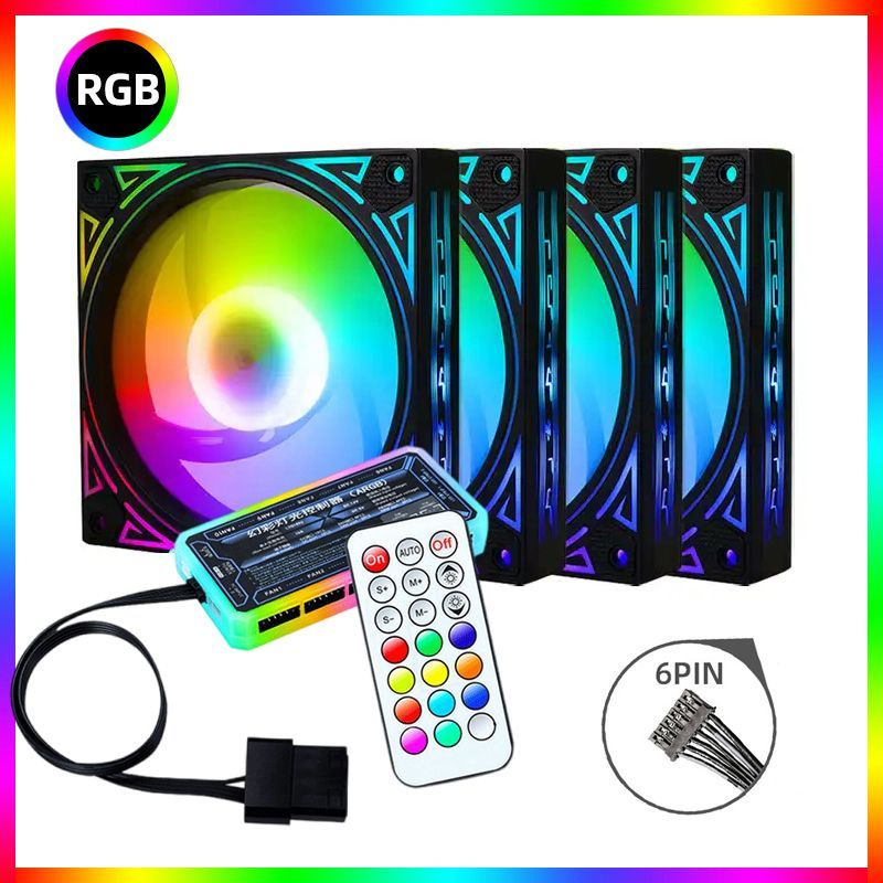 Вентилятор (кулер) с RGB подсветкой для корпуса ПК, комплект 4 кулера ...