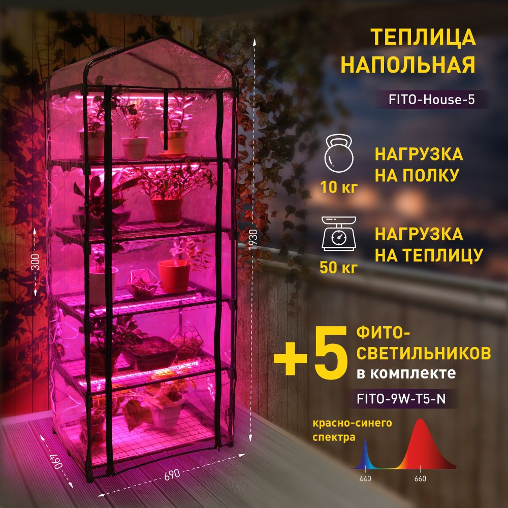 Теплица для рассады ЭРА FITO-House-5 со светильниками в комплекте / Парник  домашний с подсветкой фитолампой 5 ярусов 1930х690х490 мм