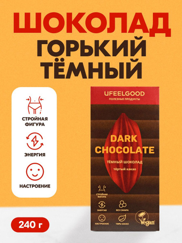 Шоколад темный натуральный диетический, 100% какао, горький, без сахара, без молока, веган, UFEELGOOD #1