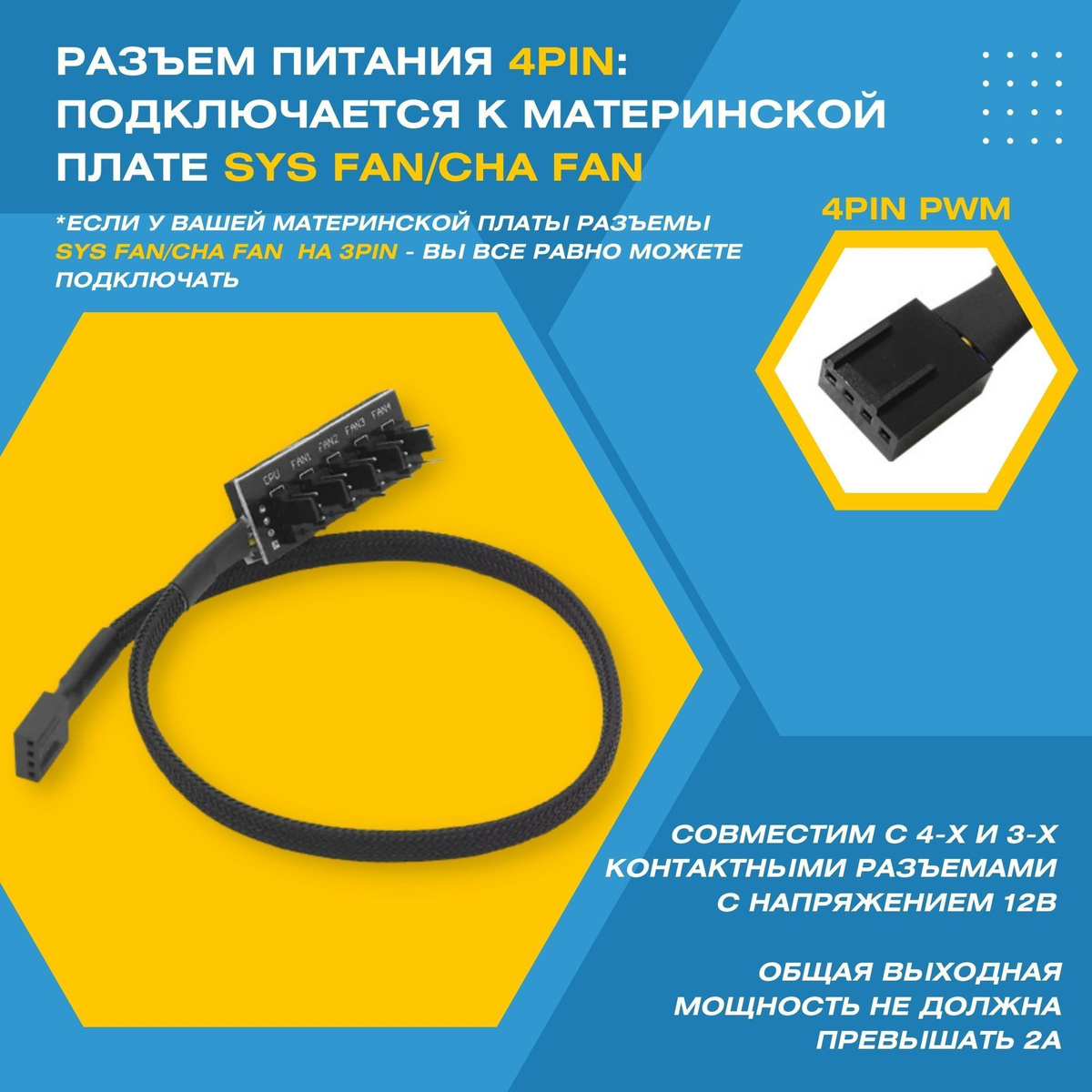 Кабель удлинитель разветвитель Hub PWM для вентилятора ПК 1х 4pin - 5х ...