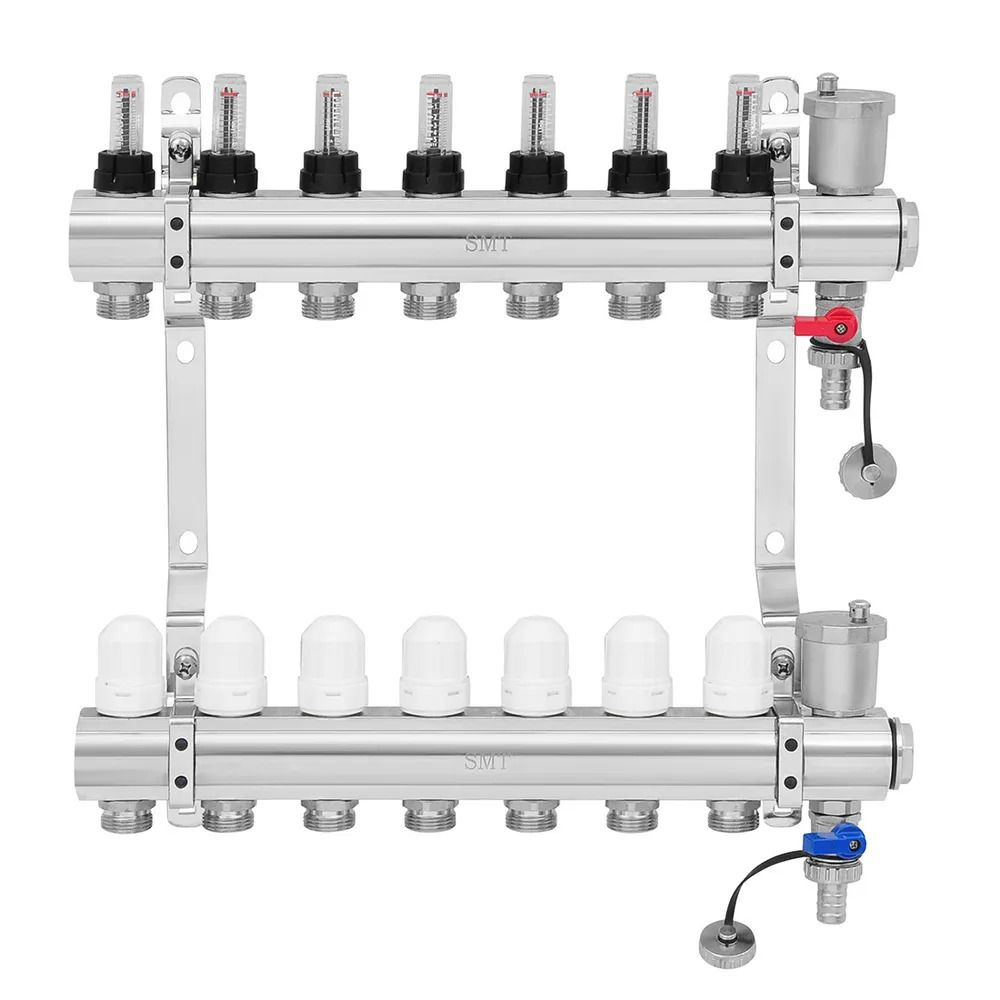 Латунный коллектор в сборе 7 контура 1" 3/4" для теплого пола с ...