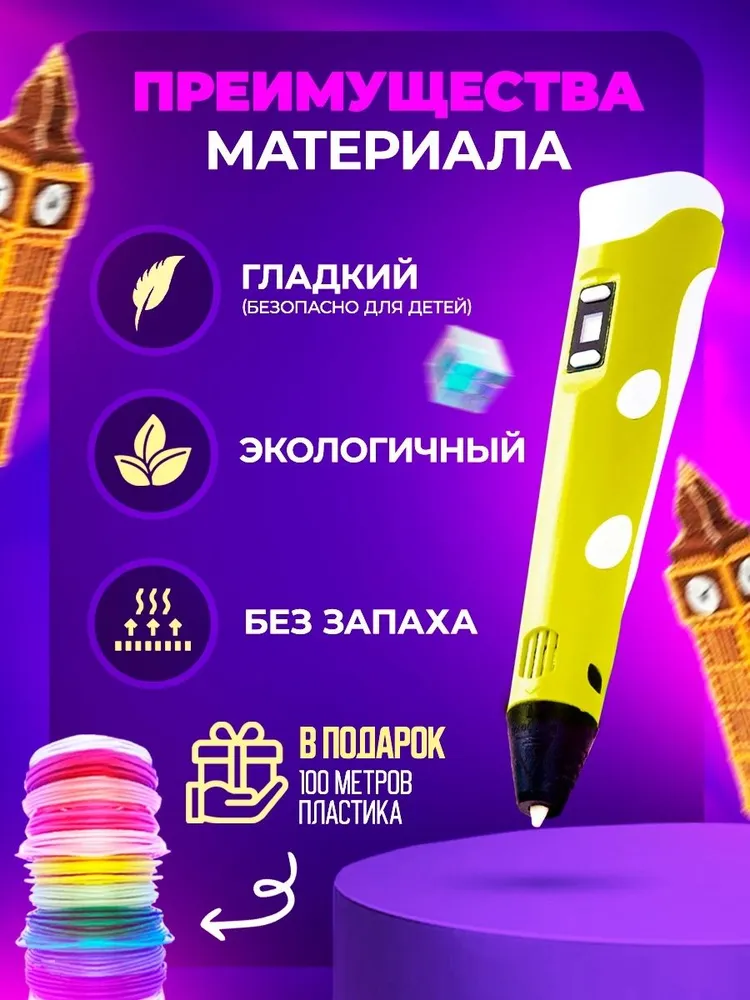 3д ручка с набором пластика 100м(Желтая) / 3 d ручка / Набор для творчества, 100 м, фото 2