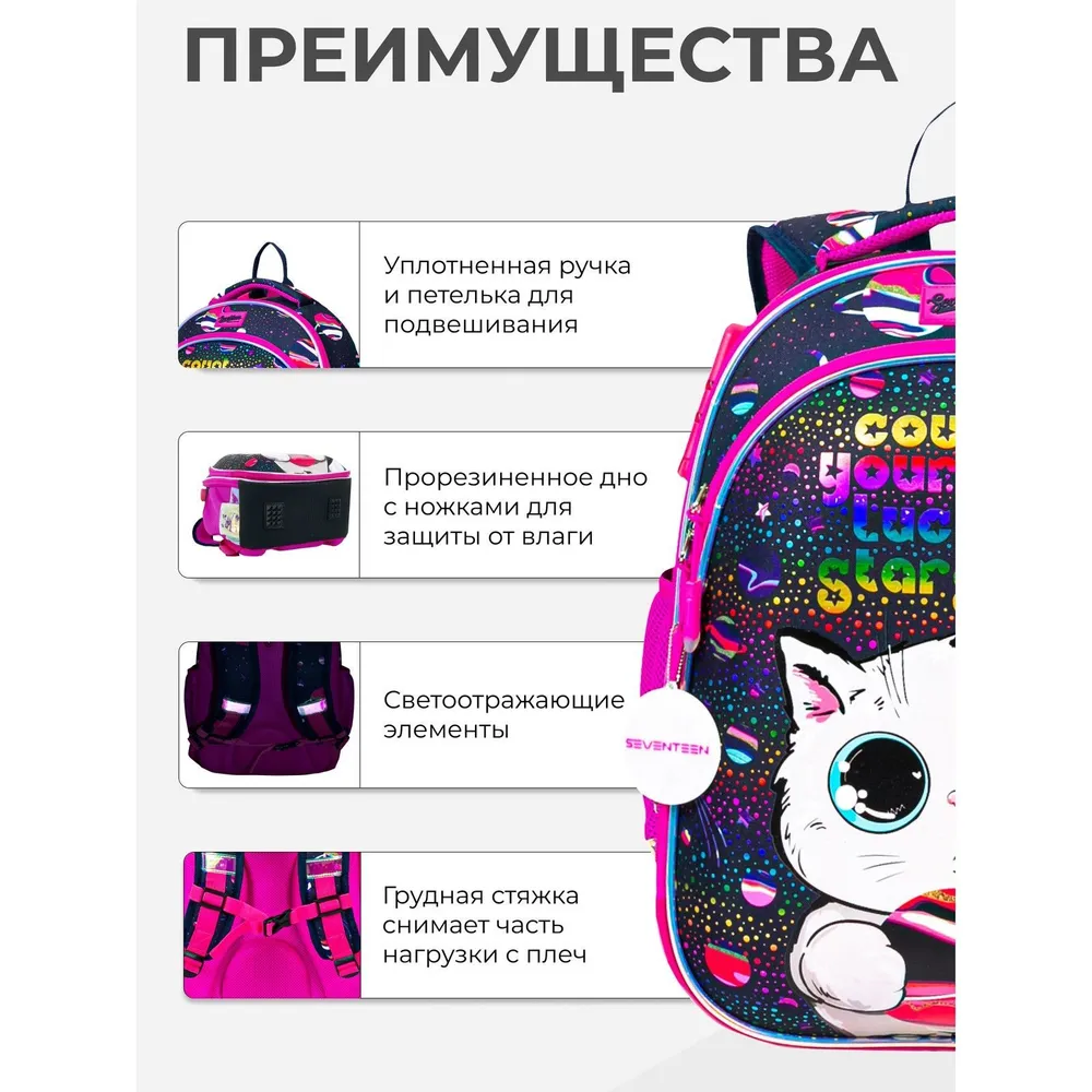 Ранец школьный с кодовым замком для девочки. Seventeen Кот с планетой, вариант, фото 3