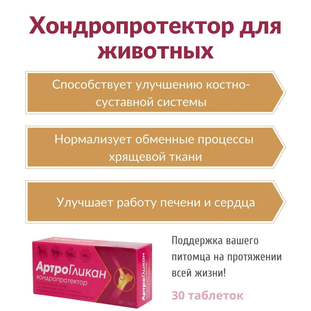 Артрогликан 30 таблеток, кормовая добавка для суставов, хондропротектор витамины для собак, кошек и других животных, вариант, фото 3