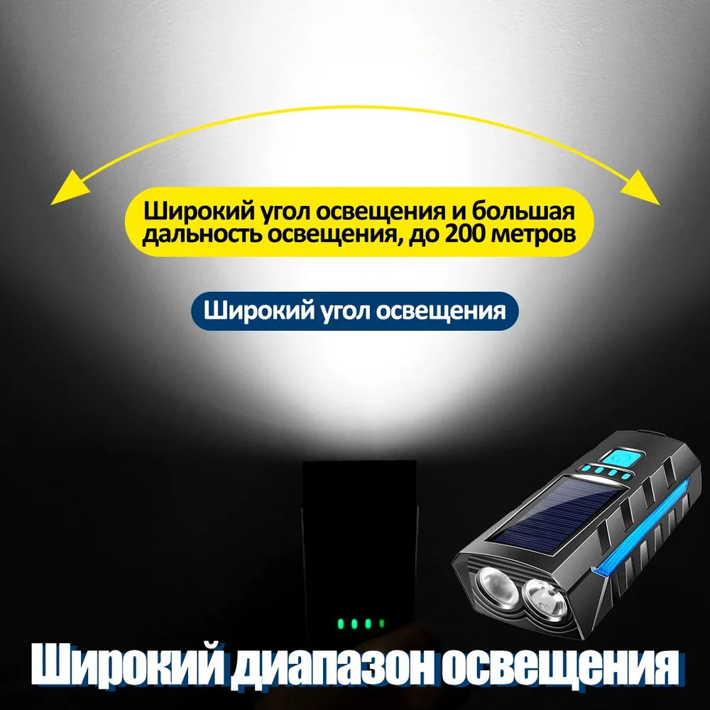 Фонарь велосипедный, передняя велофара, на солнечной батарее, С сигналом,micro-USB,Прекрасный подарок,Зеленый, синий, фото 4