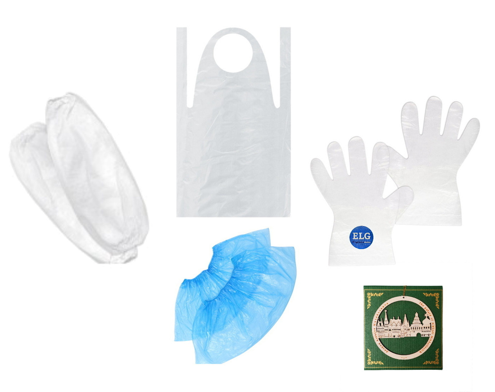 Набор одноразовой защиты ELG полиэтиленовый (бахилы,фартук,нарукавники,перчатки) 2 комплекта + сувенирное #1