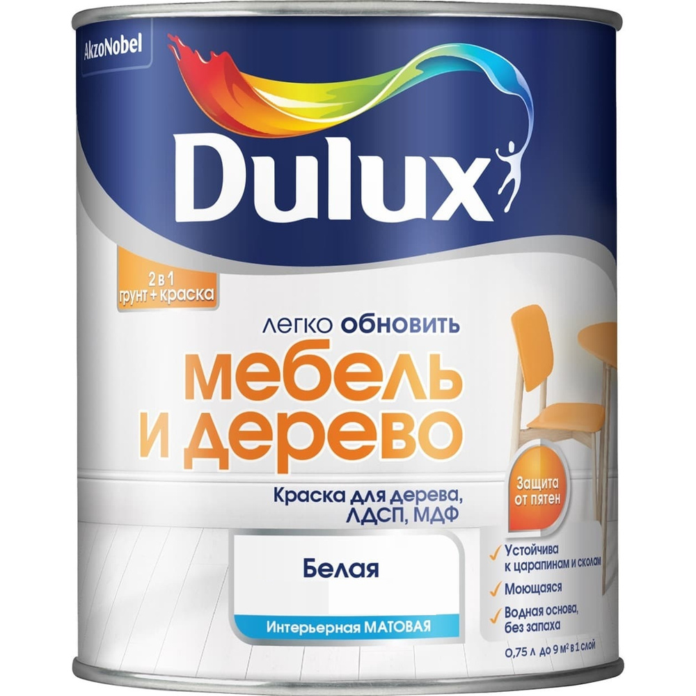 DULUX Краска Гладкая, Сополимерная дисперсия, Матовое покрытие, 0.75 л,  белый