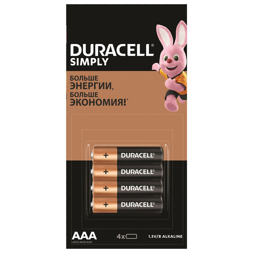 Батарейки КОМПЛЕКТ 4 шт. (отрывной блок), DURACELL Simply, ААА (LR03, 24А), алкалиновые, мизинчиковые, #1