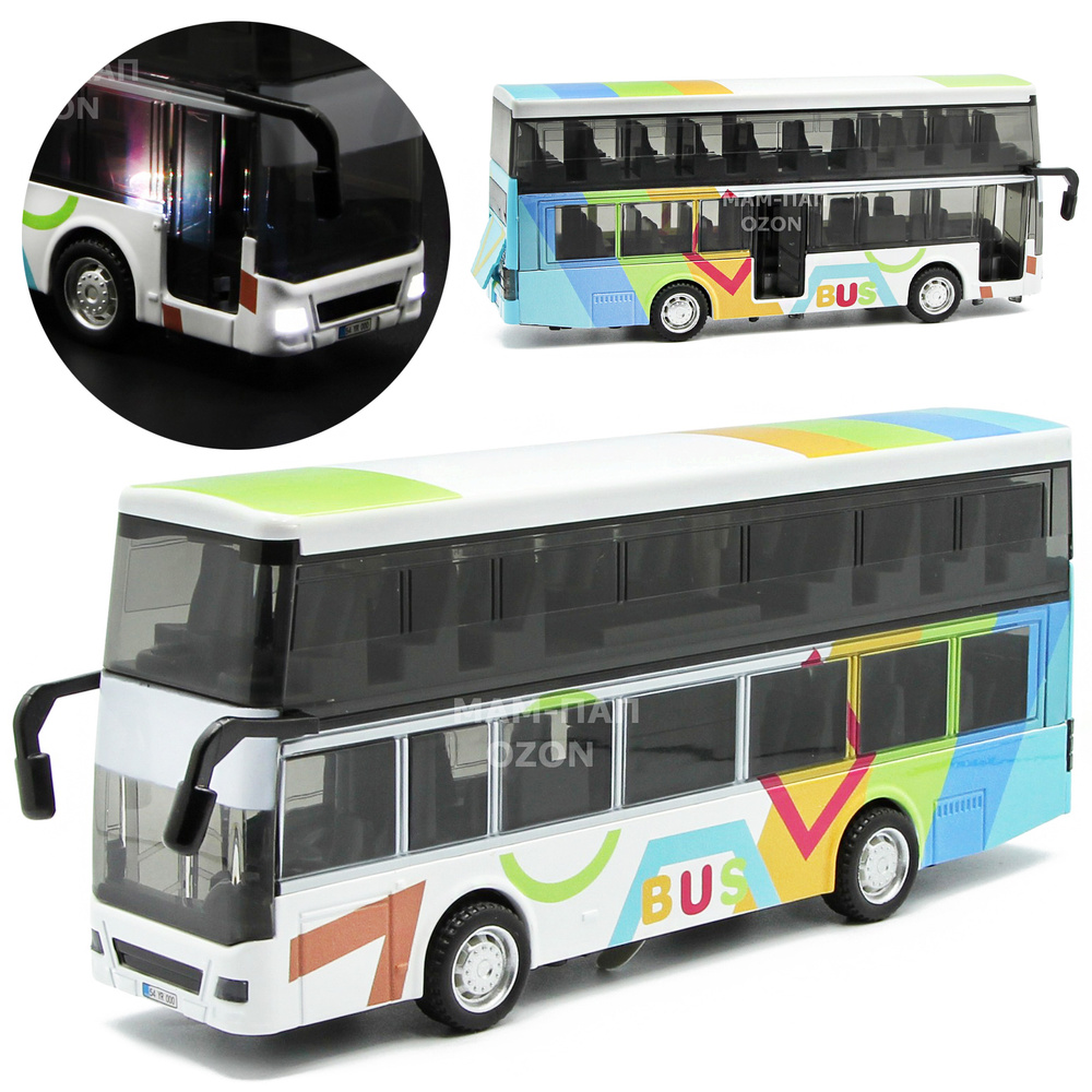 Автобус двухэтажный металлический, инерционный "Веселый турист" 20 см. А6631А, свет, звук / Голубой  #1