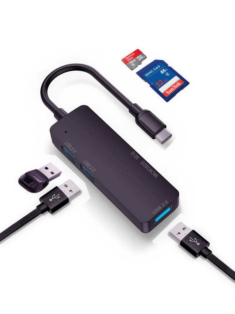 Переходник USB Type-C, хаб 5 портов, картридер microSD SD, Концентратор для MacBook, для телефона, Разветвитель #1