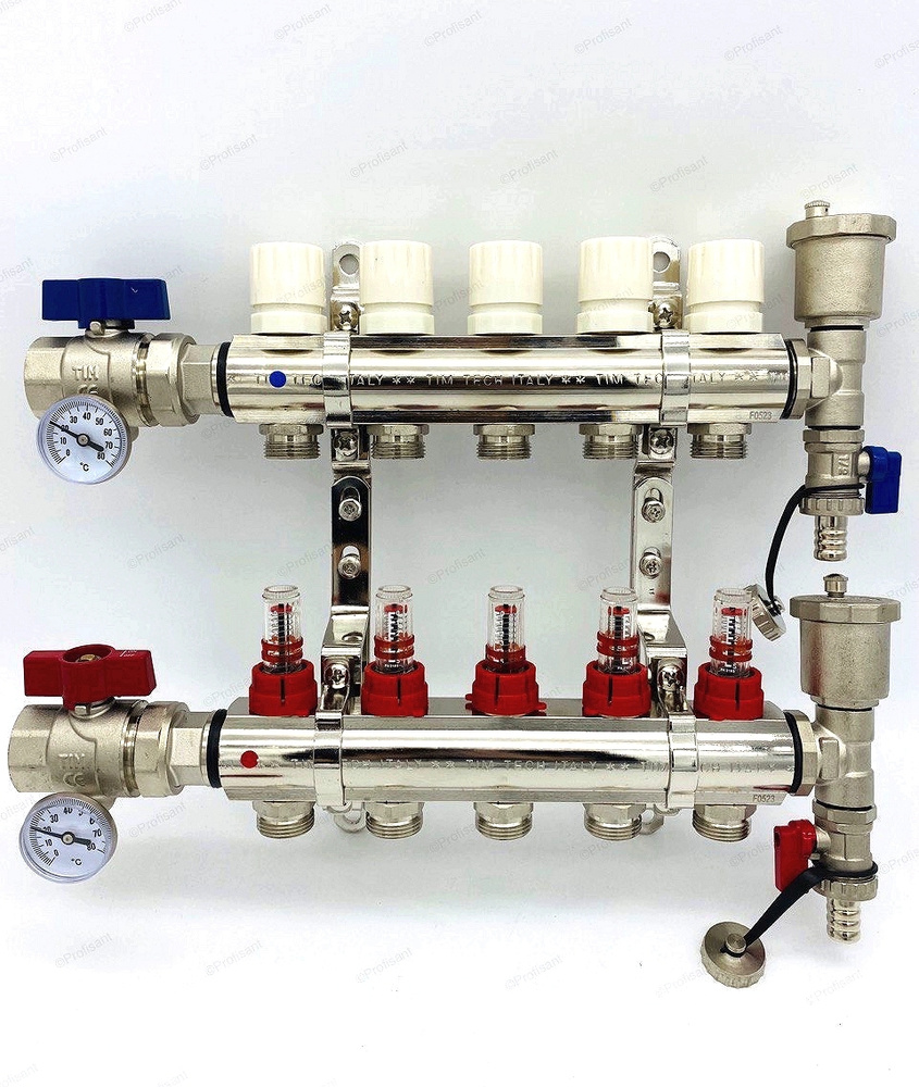 Коллектор для теплого пола с расходомерами, никелированная латунь, 1", 5 выходов на 3/4 , комплектован: #1