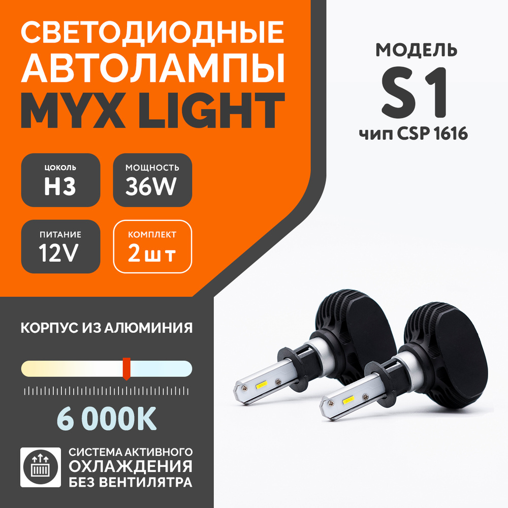 Светодиодные лампы для автомобиля MYX S1 цоколь H3 с напряжением 12V и  мощностью 18W, чип CSP 1616, температура цвета 6000K цена за 2шт.