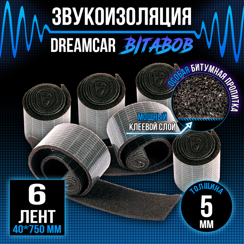 Уплотнительная лента c битумной пропиткой DreamCar BitaBob 5мм лента - 6  рулонов (4 х 75см) / Шумоизоляция для автомобиля самоклеящаяся