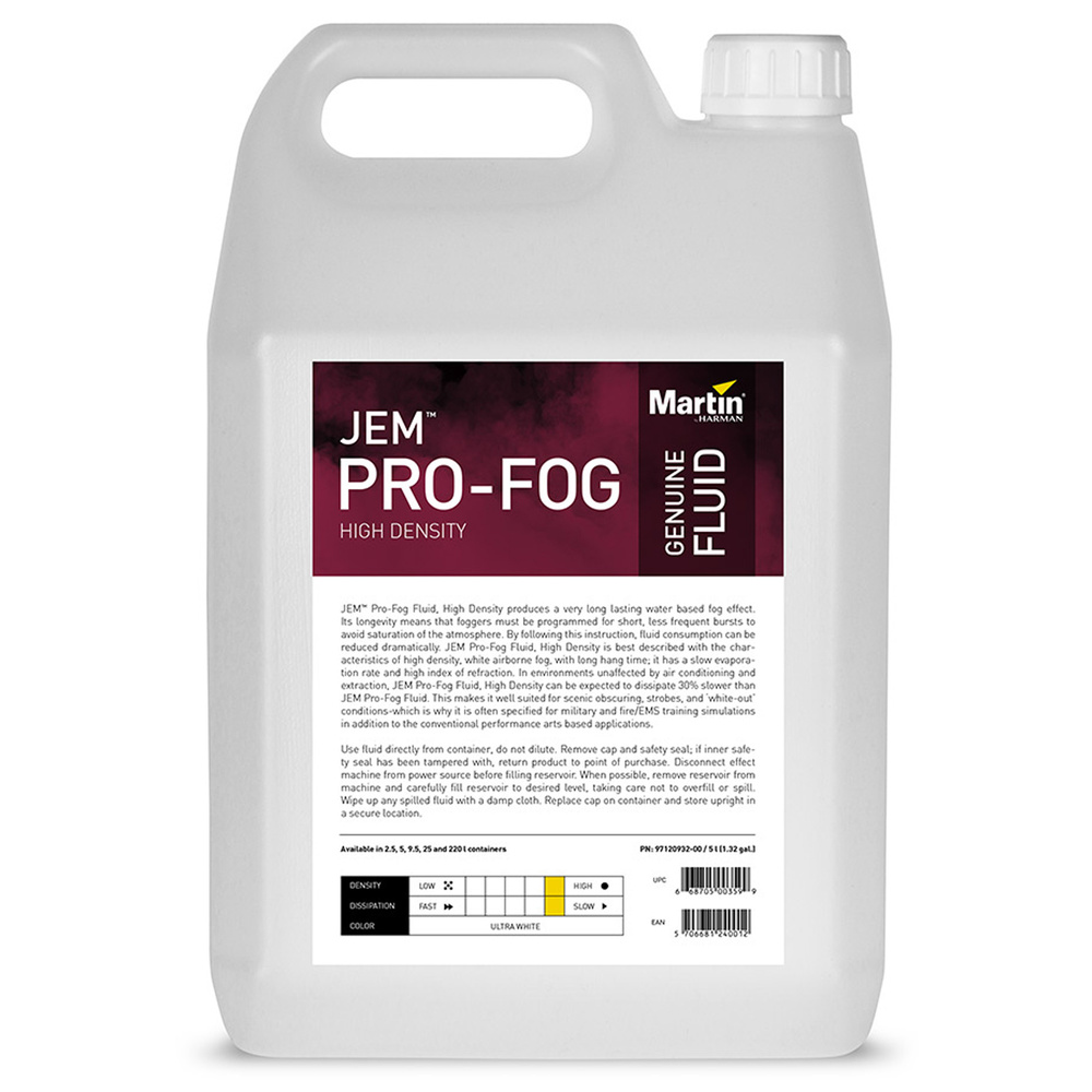 Жидкость для дым машины Martin JEM Pro-Fog Fluid High Density 5L (долгое  рассеивание). Специальная формула от Martin для чистого генератора дыма.  Низкий расход средства. Жидкость для дымогенератора - купить с доставкой по